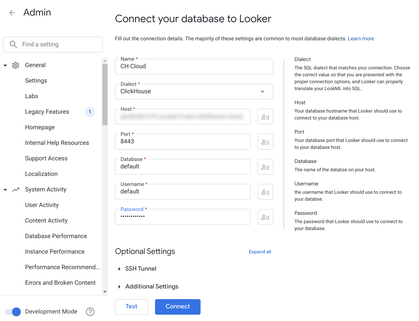 Указание учетных данных ClickHouse в форме подключения Looker